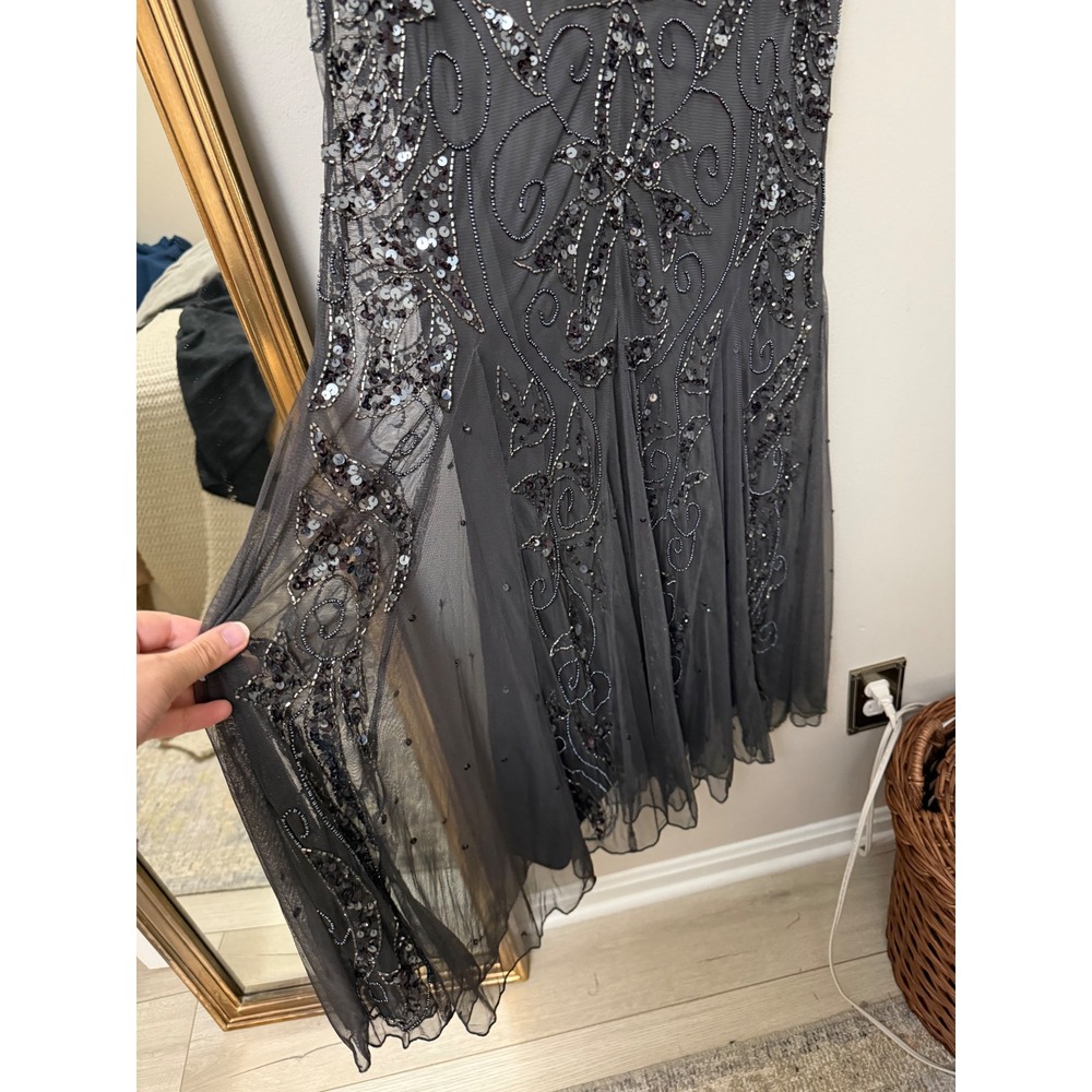 Pisarro Nights Gray Beaded Sequin Gown 3/4 Sleeve Formal Maxi Dress - Picture 11 of 14